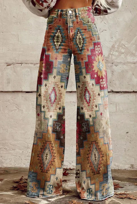 Maribel retro elephant print wide-leg trousers in boho vintage style
