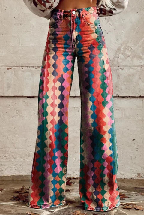 Maribel retro elephant print wide-leg trousers in boho vintage style