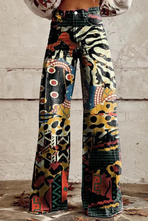 Maribel retro elephant print wide-leg trousers in boho vintage style