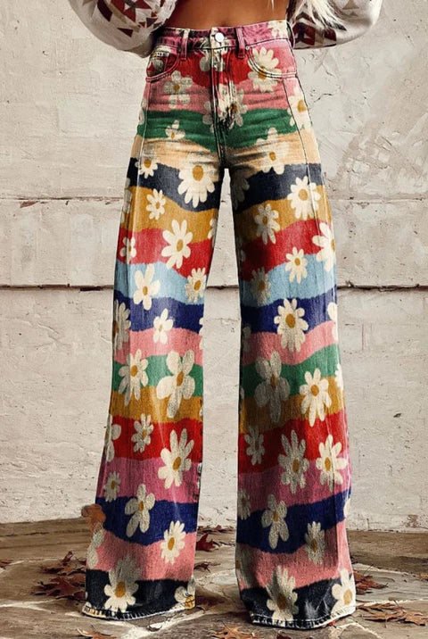 Maribel retro elephant print wide-leg trousers in boho vintage style