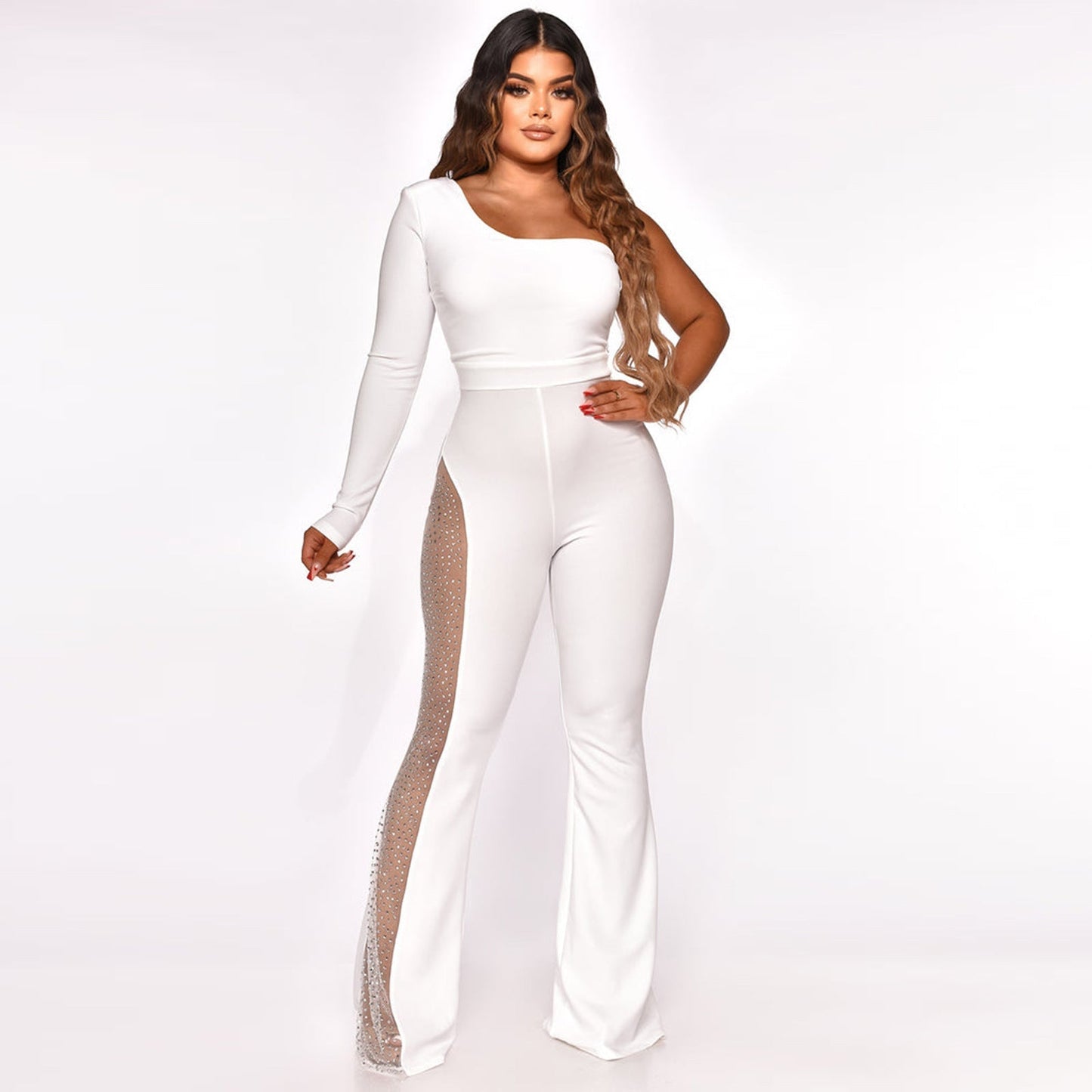 Kaelin elegant one-shoulder jumpsuit with a sheer pant leg and sparkling accents.
