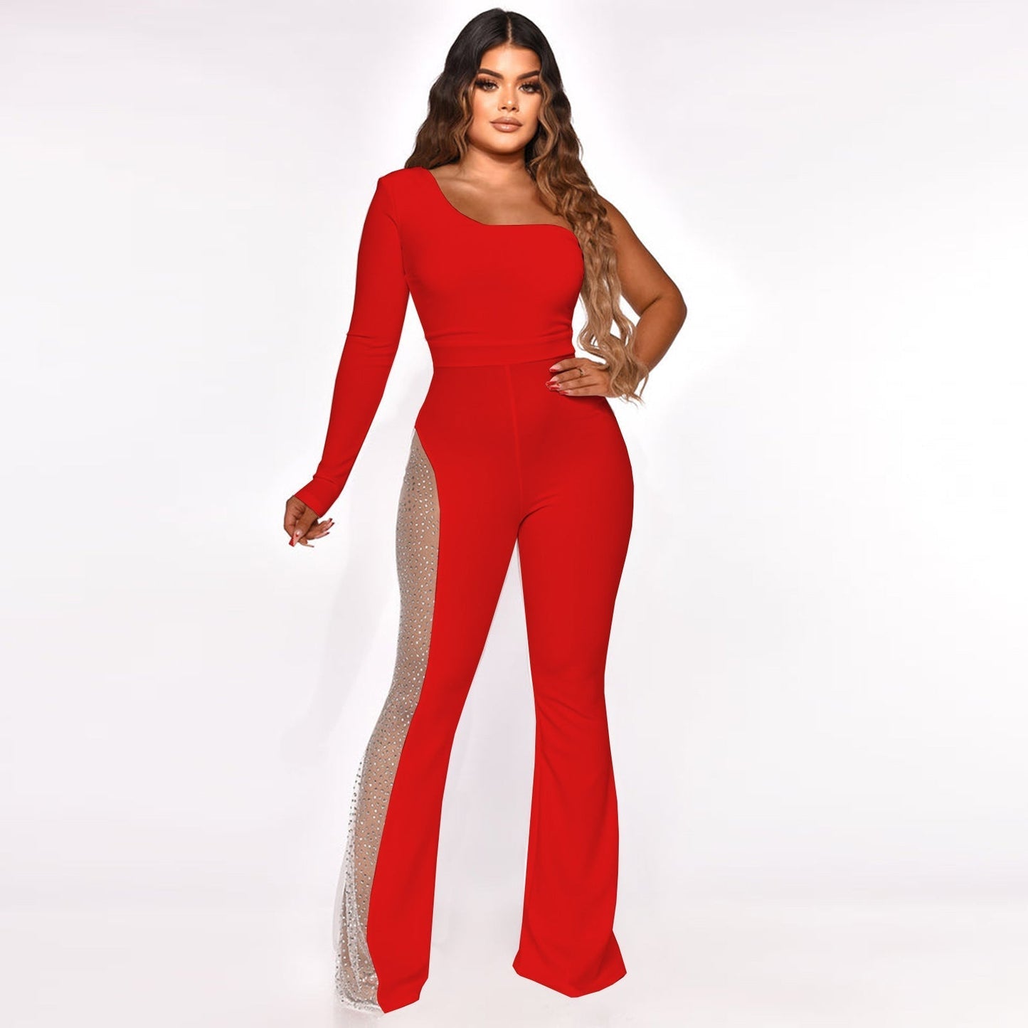 Kaelin elegant one-shoulder jumpsuit with a sheer pant leg and sparkling accents.