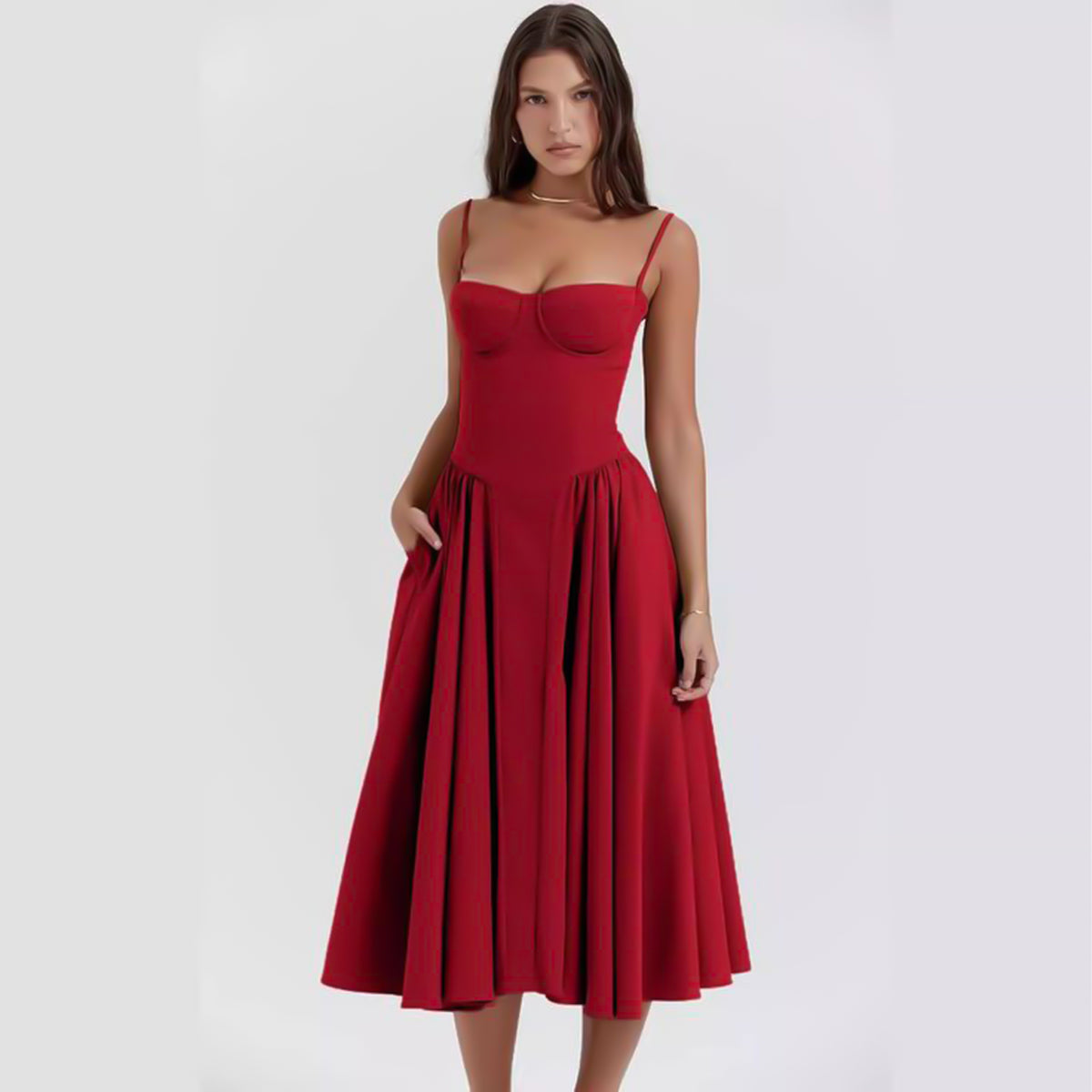 Selia women’s midi dress with fitted bodice and structured silhouette, ballerina-inspired elegance