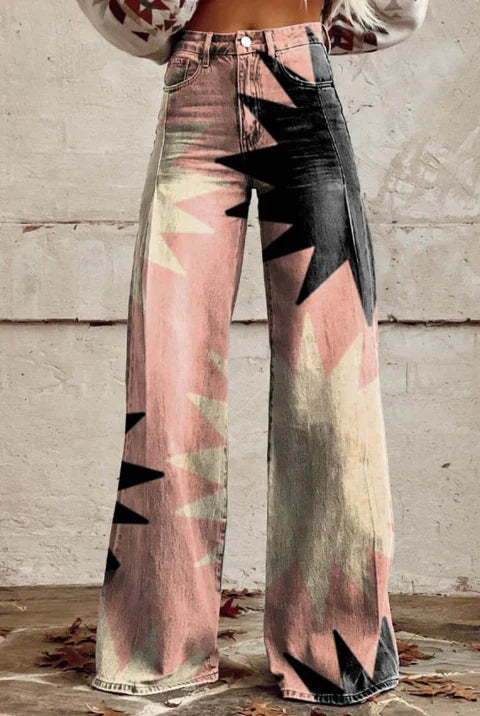Maribel retro elephant print wide-leg trousers in boho vintage style