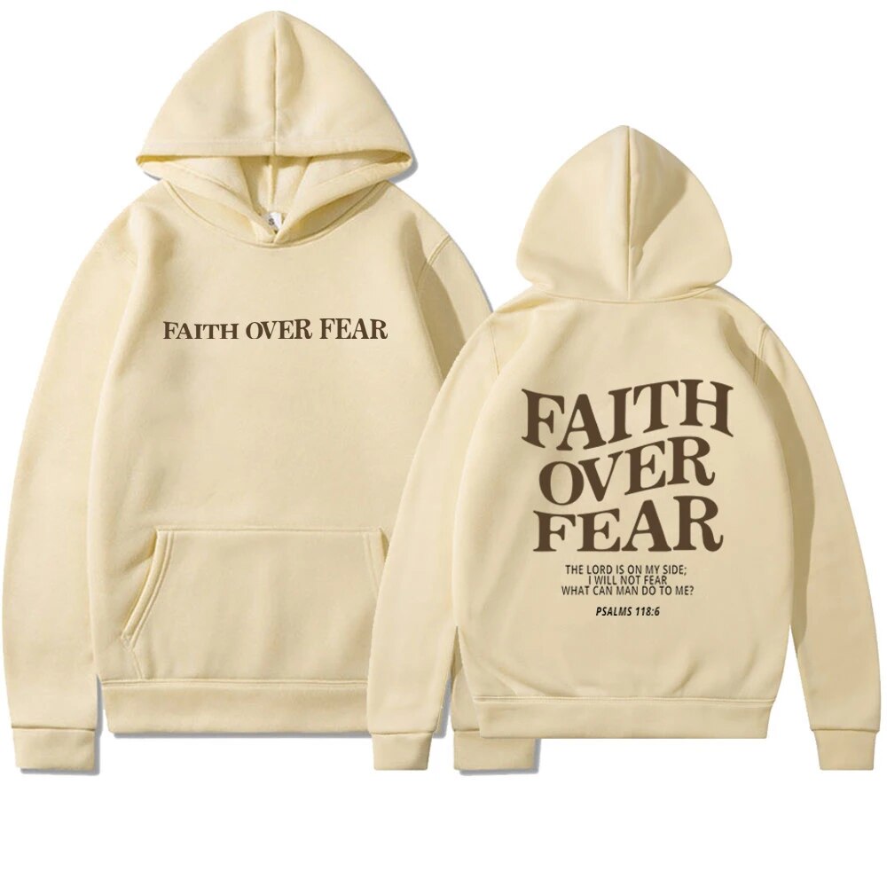 Vicky women’s hoodie with inspirational “Faith Over Fear” back print