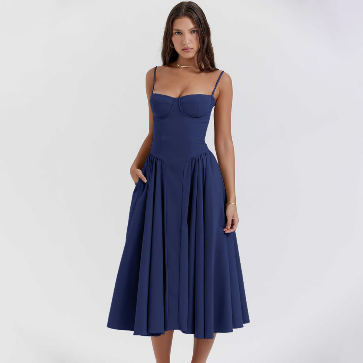 Selia women’s midi dress with fitted bodice and structured silhouette, ballerina-inspired elegance
