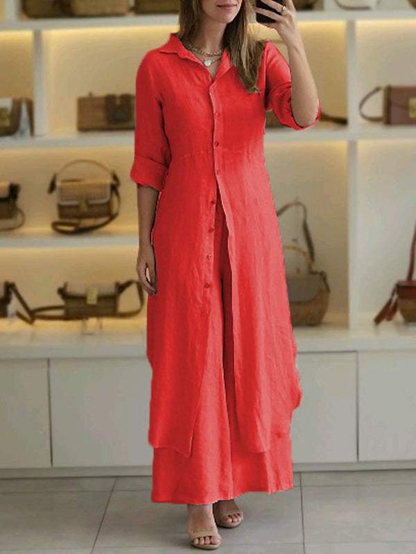 Luna two-piece set featuring a long-sleeve button-up shirt and wide-leg pants in a relaxed fit.