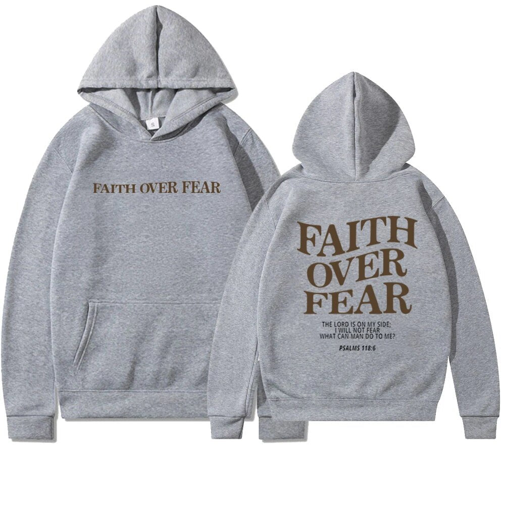 Vicky women’s hoodie with inspirational “Faith Over Fear” back print