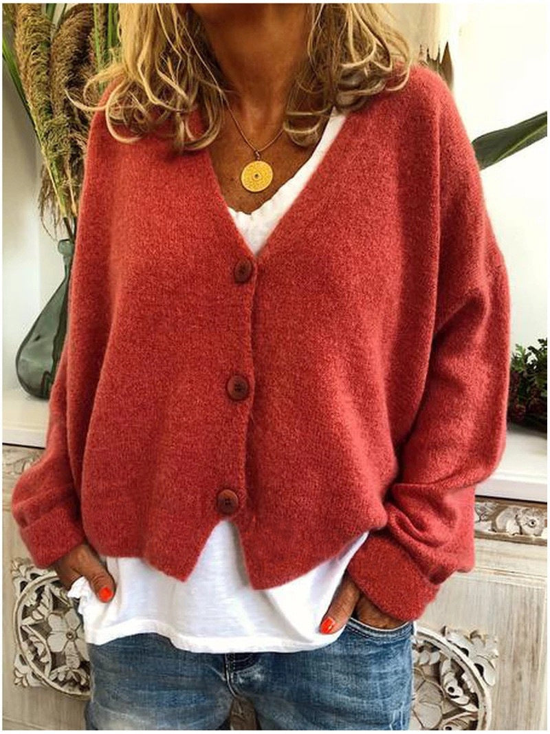 Livia women’s cropped knit sweater with button-front design and tailored silhouette, elegant and versatile