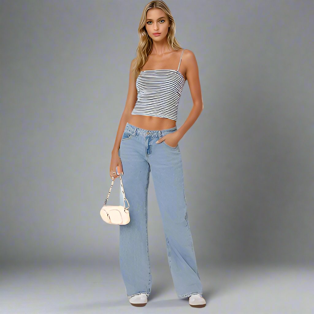 Norabel women’s low rise wide-leg jeans in soft structured denim – early 2000s urban style