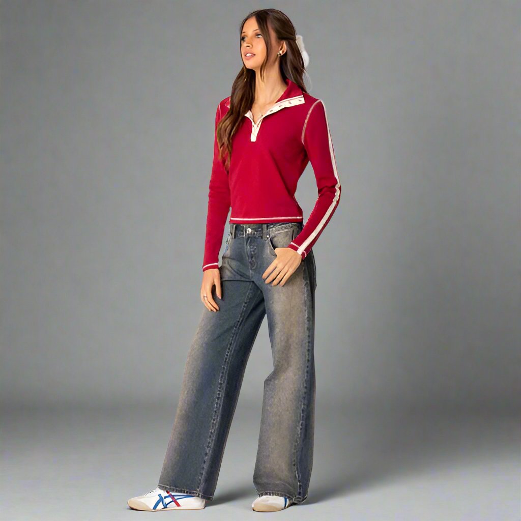 Norabel women’s low rise wide-leg jeans in soft structured denim – early 2000s urban style