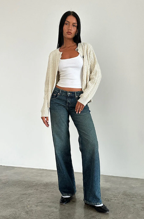 Norabel women’s low rise wide-leg jeans in soft structured denim – early 2000s urban style