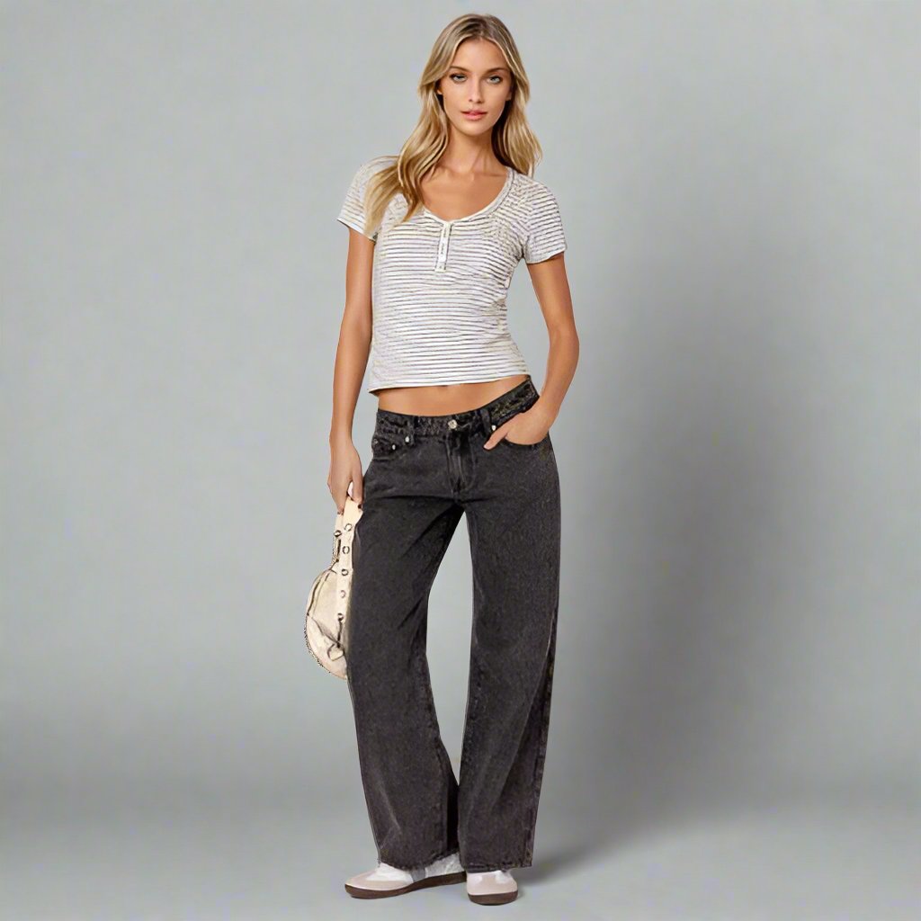 Norabel women’s low rise wide-leg jeans in soft structured denim – early 2000s urban style