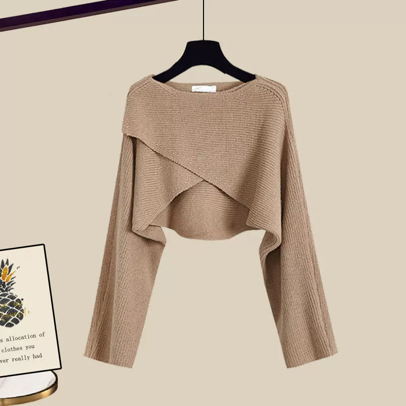 Lorelei three-piece women's set with flared pants, a long-sleeve blouse, and a sleeveless woven top.