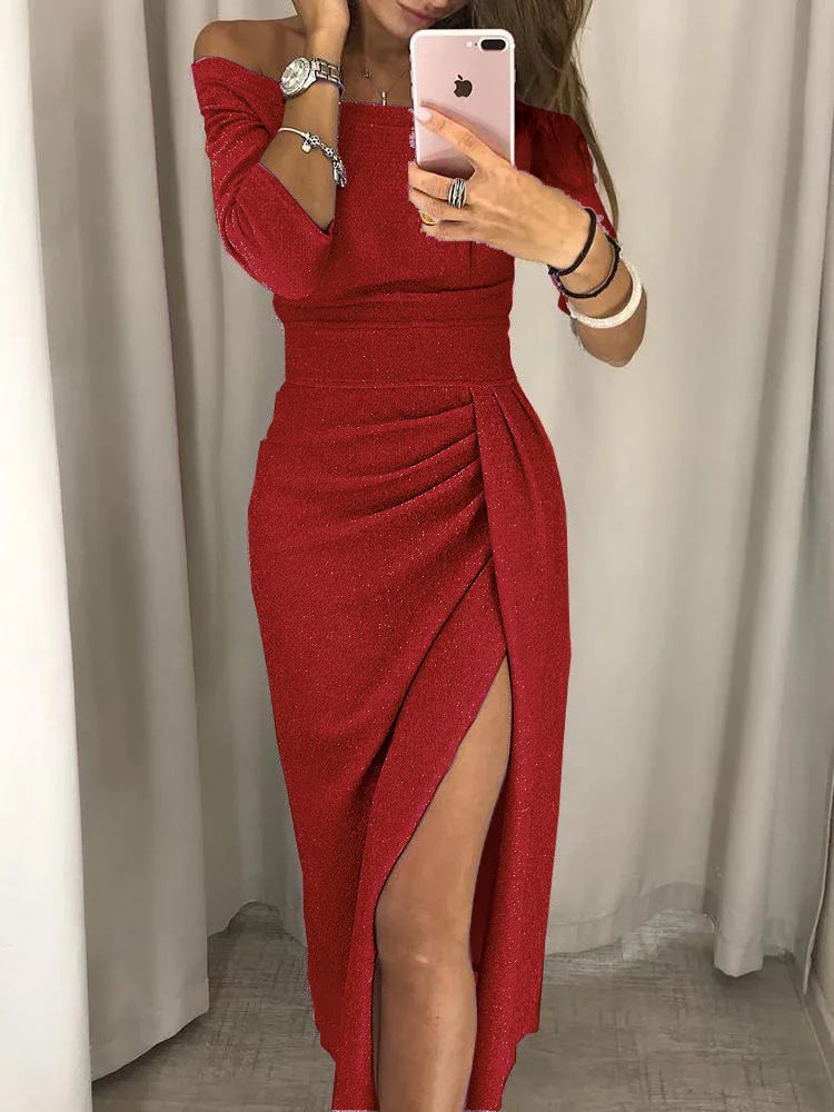 Selene women’s elegant long-sleeve midi evening dress with fitted silhouette – autumn winter fashion