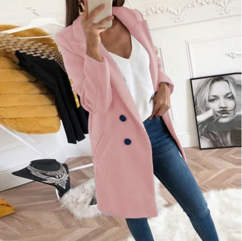 Victoria elegant long winter coat for women with a structured silhouette and clean lines.