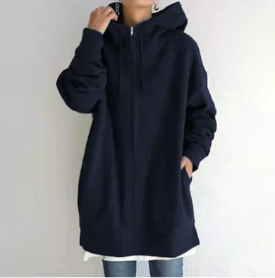 Keila women’s long zip-up hoodie with spacious hood and fluid cut