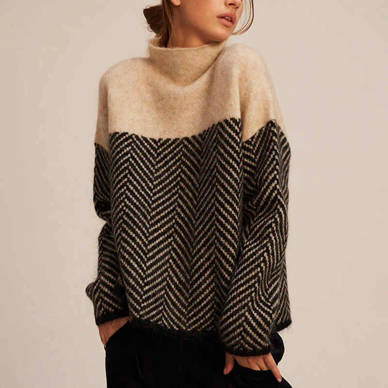 Maisie Turtleneck Knit Sweater with herringbone pattern and relaxed fit