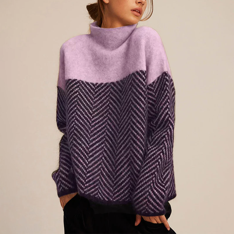 Maisie Turtleneck Knit Sweater with herringbone pattern and relaxed fit