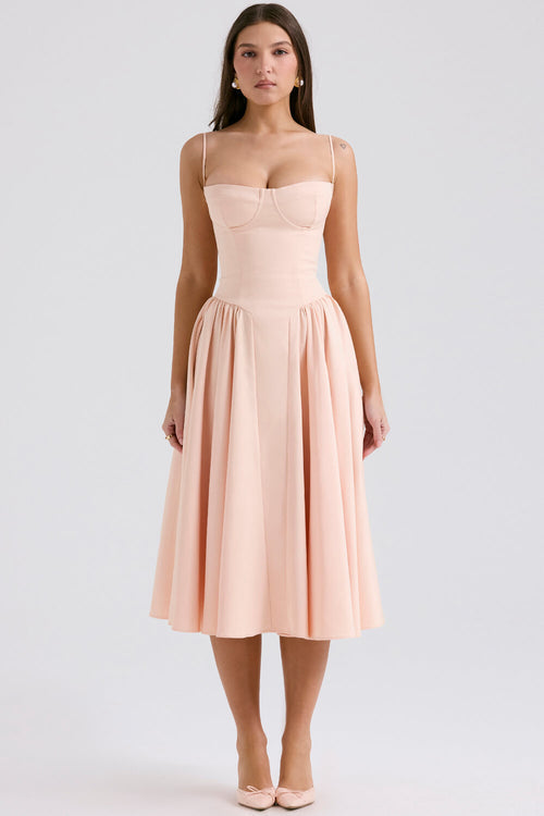Selia women’s midi dress with fitted bodice and structured silhouette, ballerina-inspired elegance