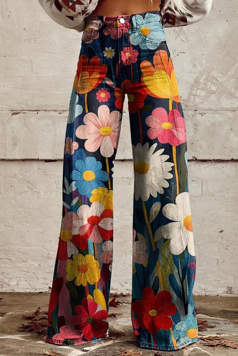 Maribel retro elephant print wide-leg trousers in boho vintage style
