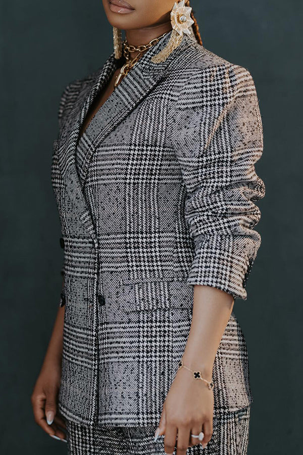 Lucienne women’s elegant two-piece blazer and trouser suit – tartan fabric with refined details
