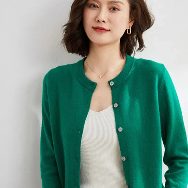 Isla women’s buttoned sweater with round neckline and delicate buttons, soft knit fabric, versatile style