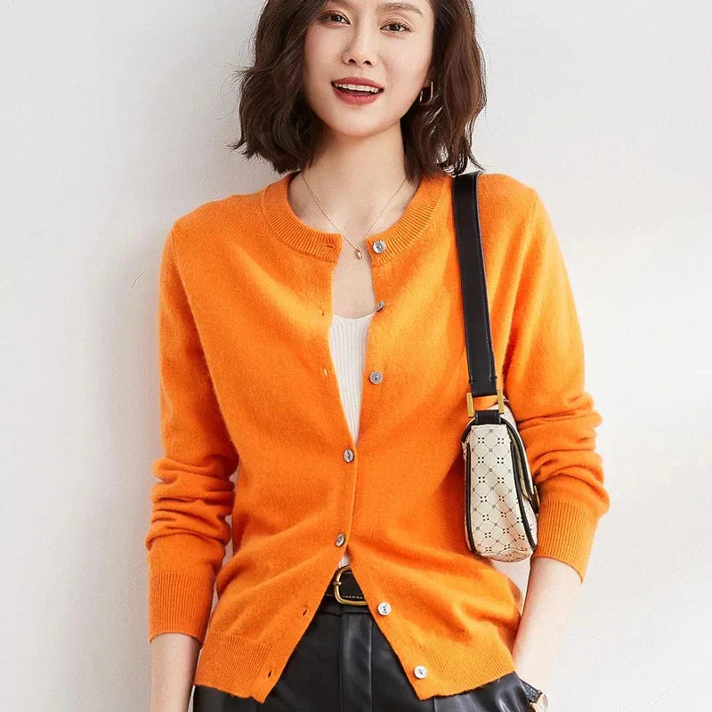 Isla women’s buttoned sweater with round neckline and delicate buttons, soft knit fabric, versatile style