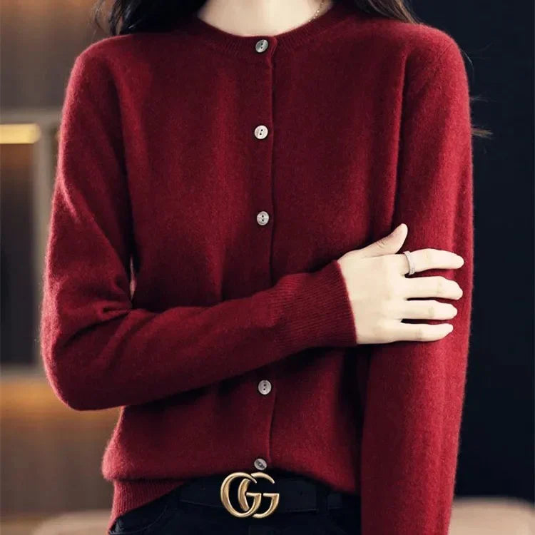Isla women’s buttoned sweater with round neckline and delicate buttons, soft knit fabric, versatile style
