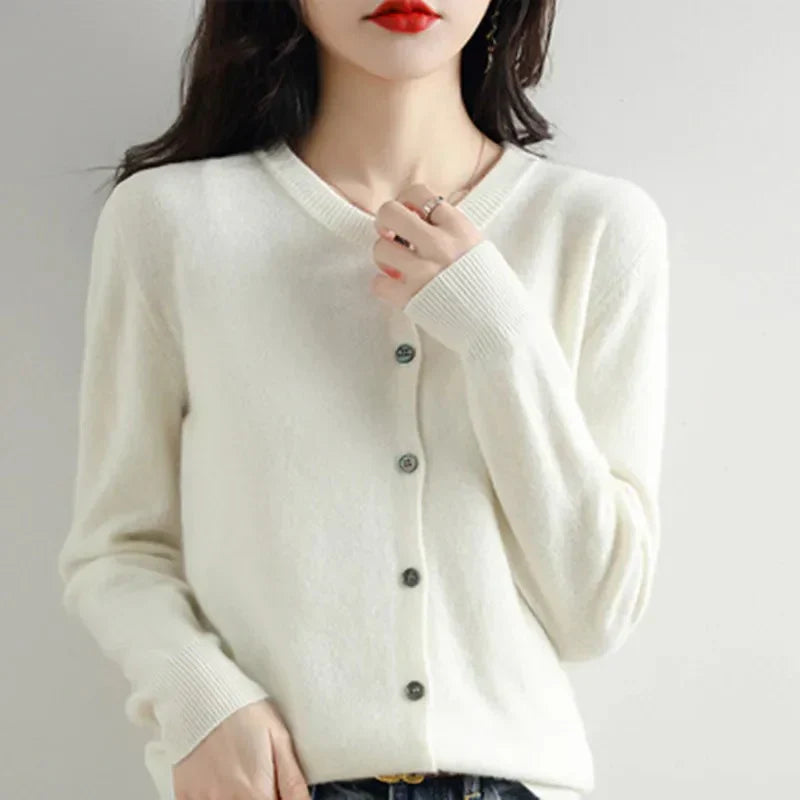 Isla women’s buttoned sweater with round neckline and delicate buttons, soft knit fabric, versatile style