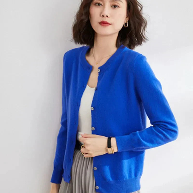 Isla women’s buttoned sweater with round neckline and delicate buttons, soft knit fabric, versatile style