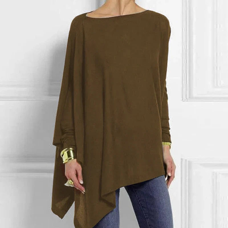 Ilania women’s asymmetrical V-drop sweater with bias hem and fluid cut – timeless knitwear for winter