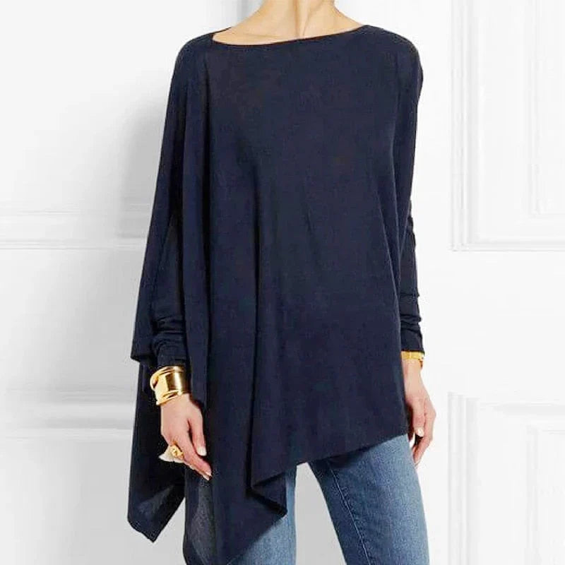 Ilania women’s asymmetrical V-drop sweater with bias hem and fluid cut – timeless knitwear for winter