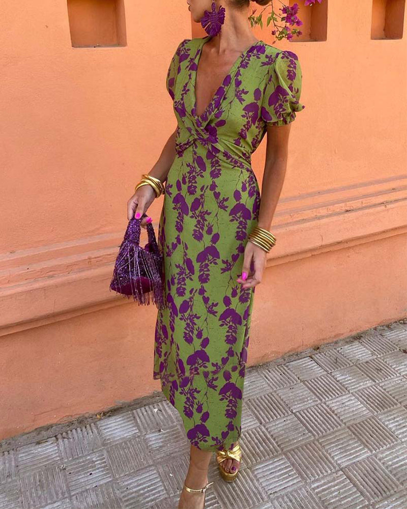 Iris women’s long floral print dress with V-neckline and short sleeves