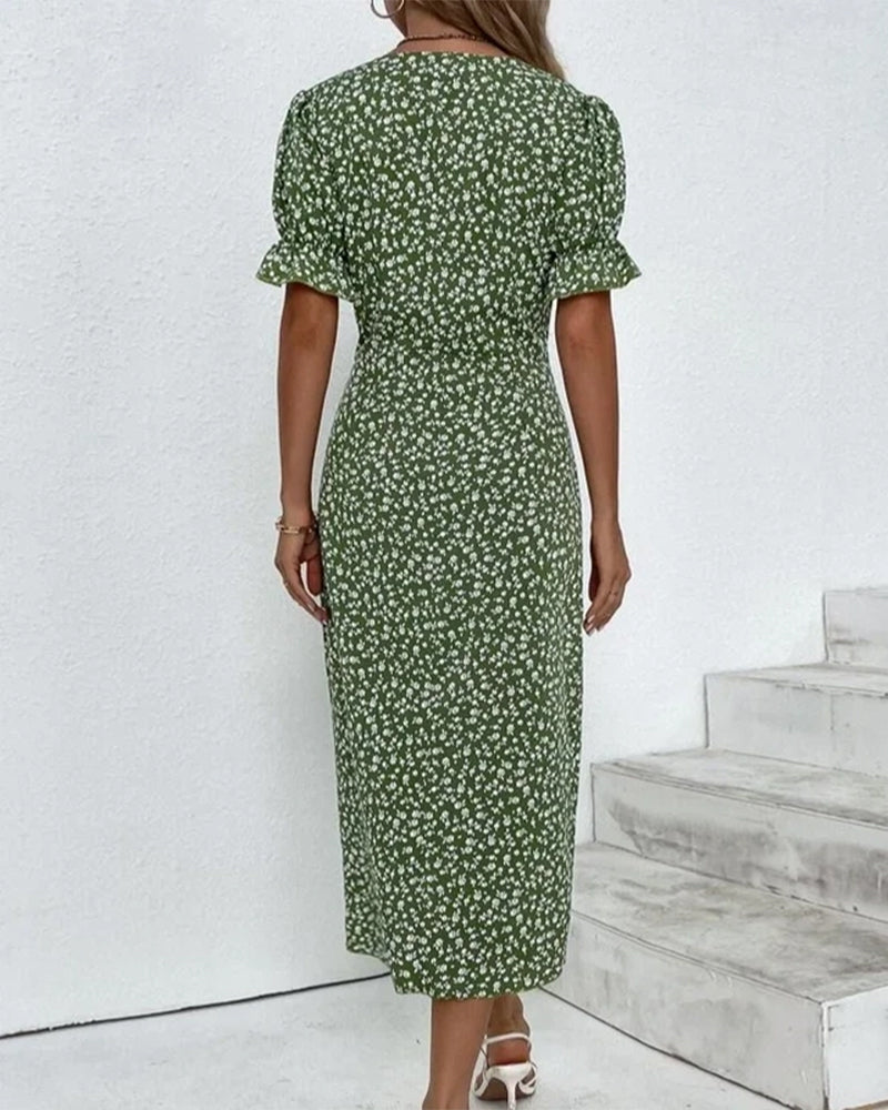 Dahlia V-neck floral print dress with flowing fabric, airy and feminine style