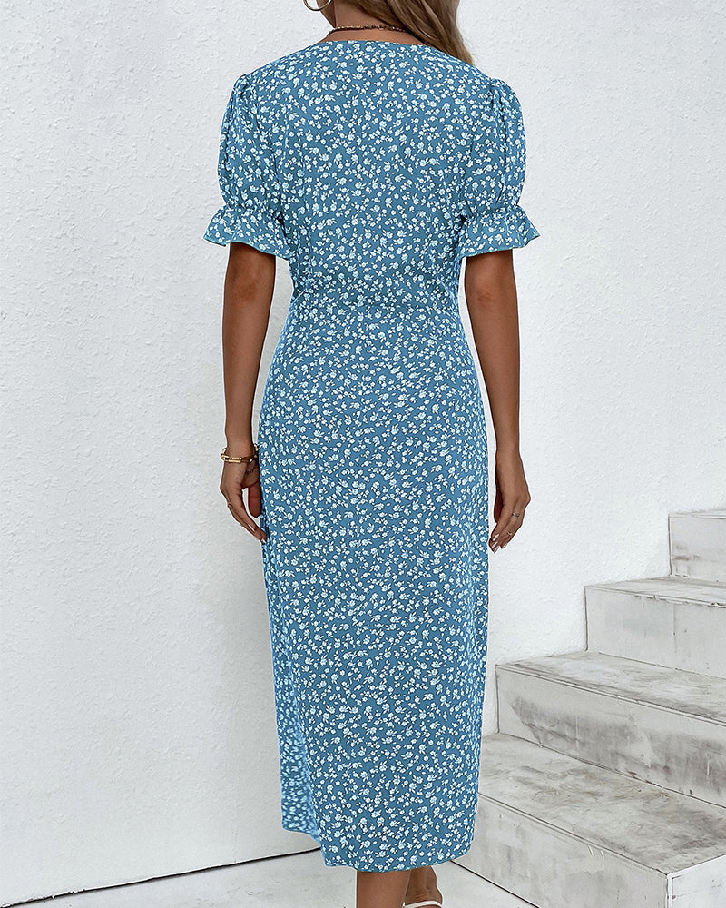 Dahlia V-neck floral print dress with flowing fabric, airy and feminine style