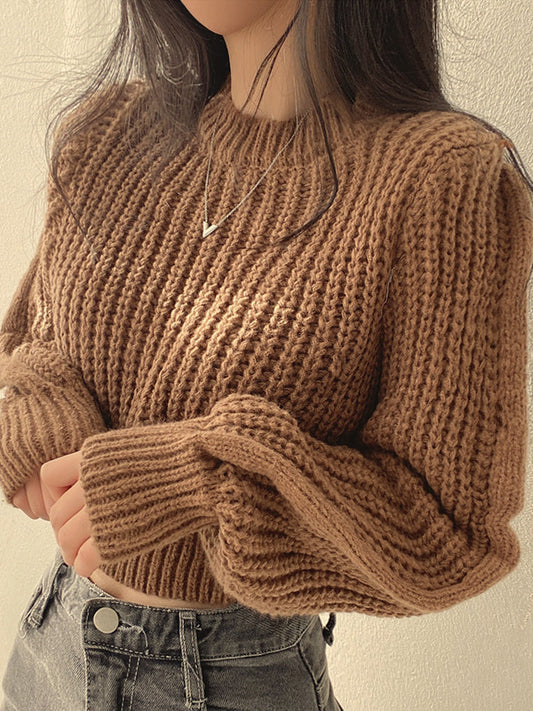 Women’s knitted sweater with braided woven details – round neck