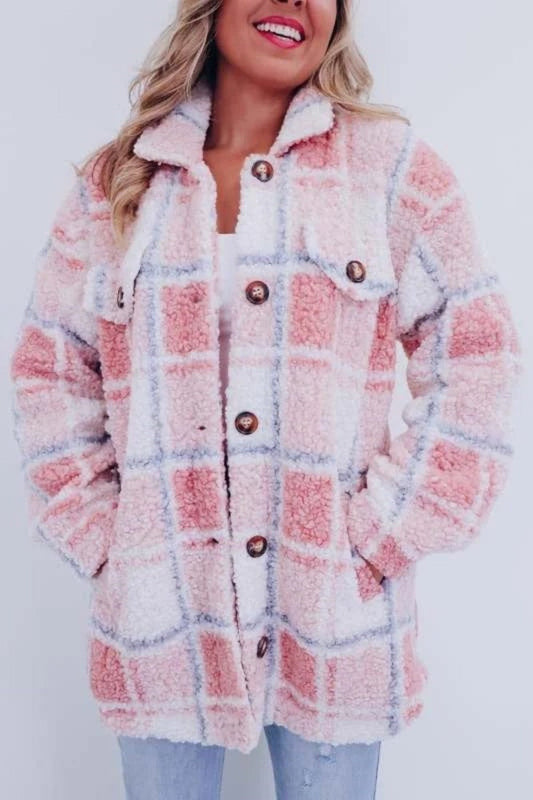 Iris warm checkered jacket with a classic pattern and button closure.
