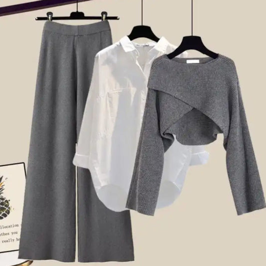 Lorelei three-piece women's set with flared pants, a long-sleeve blouse, and a sleeveless woven top.
