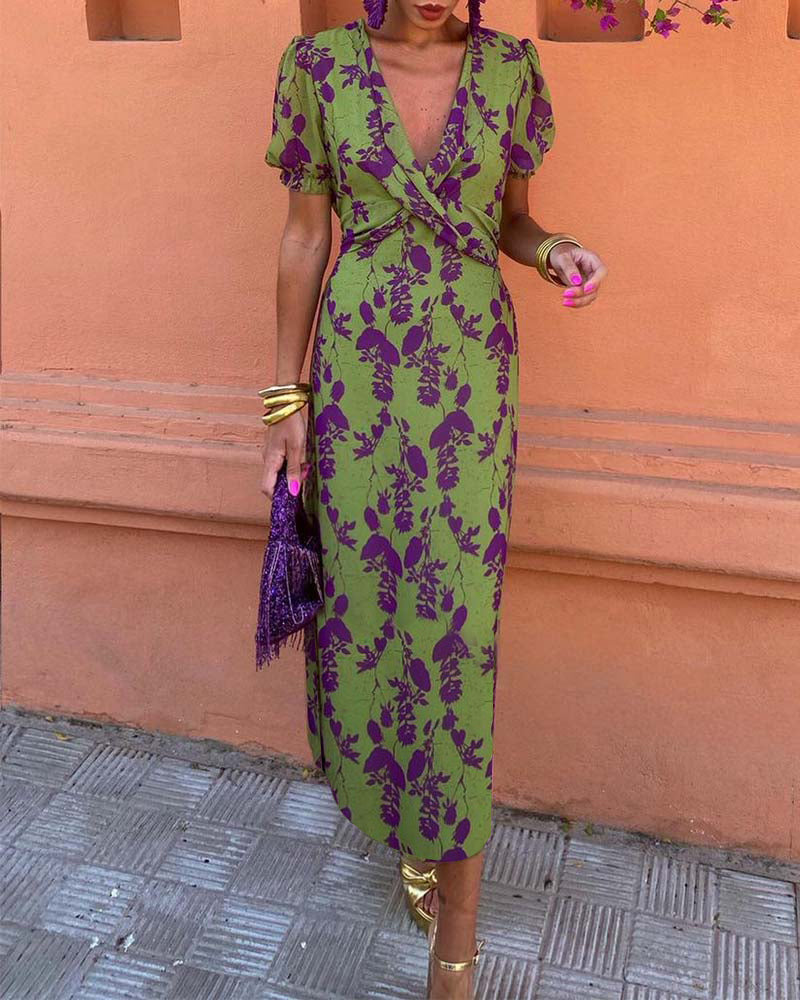Iris women’s long floral print dress with V-neckline and short sleeves