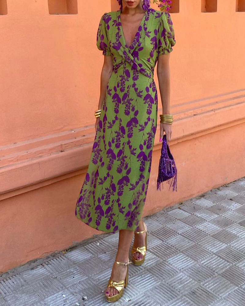 Iris women’s long floral print dress with V-neckline and short sleeves