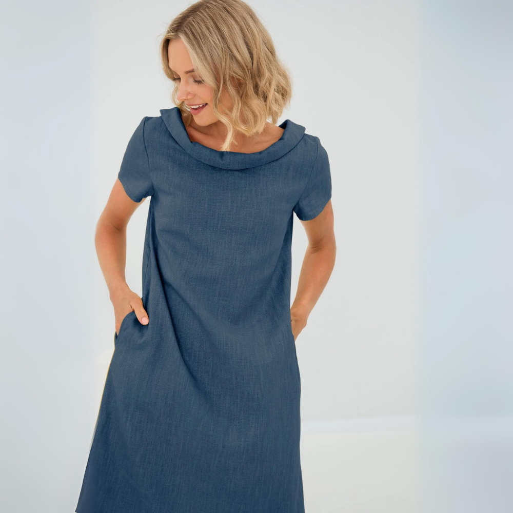 Avery women’s linen-style dress with side pockets, soft flowing fabric, relaxed and elegant style