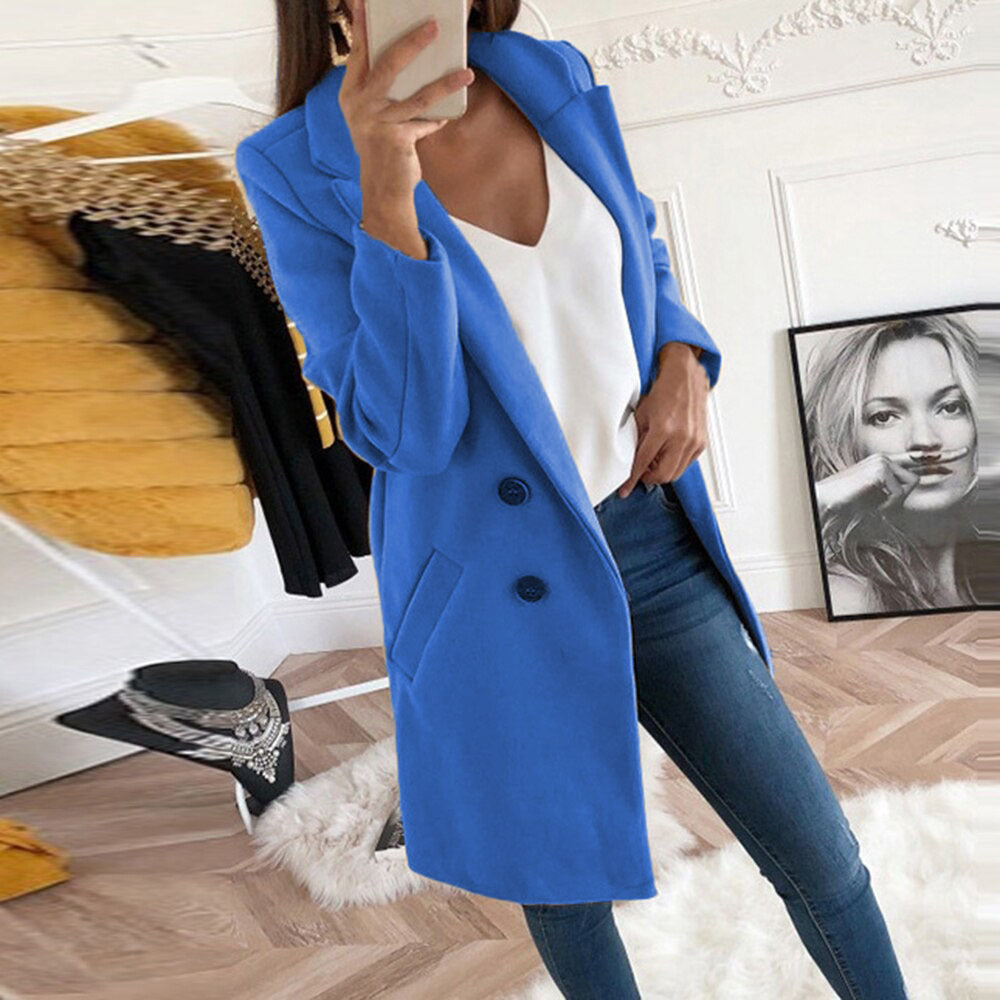 Victoria elegant long winter coat for women with a structured silhouette and clean lines.