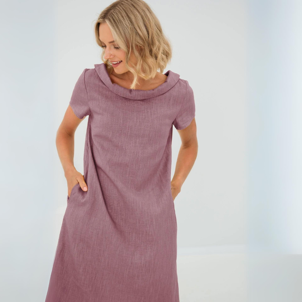 Avery women’s linen-style dress with side pockets, soft flowing fabric, relaxed and elegant style