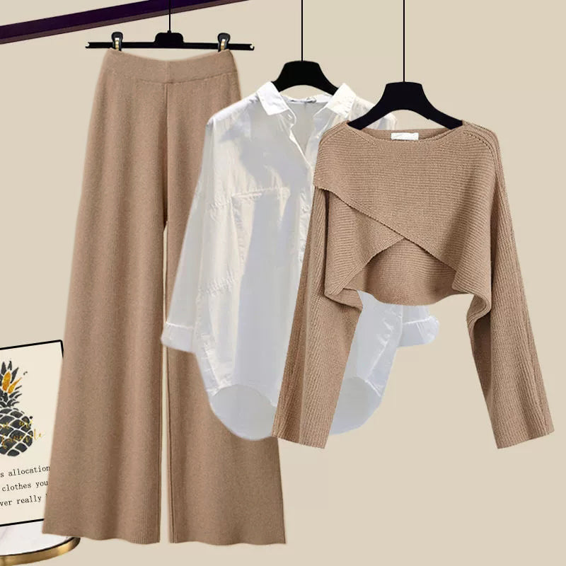 Lorelei three-piece women's set with flared pants, a long-sleeve blouse, and a sleeveless woven top.