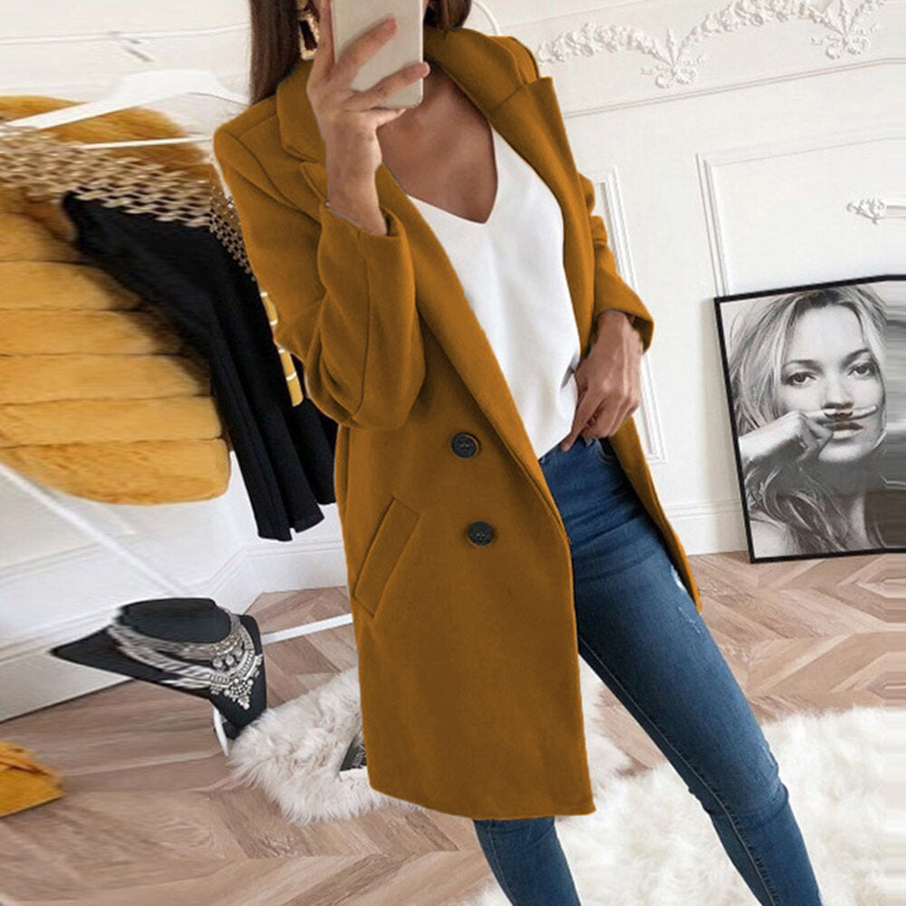 Victoria elegant long winter coat for women with a structured silhouette and clean lines.