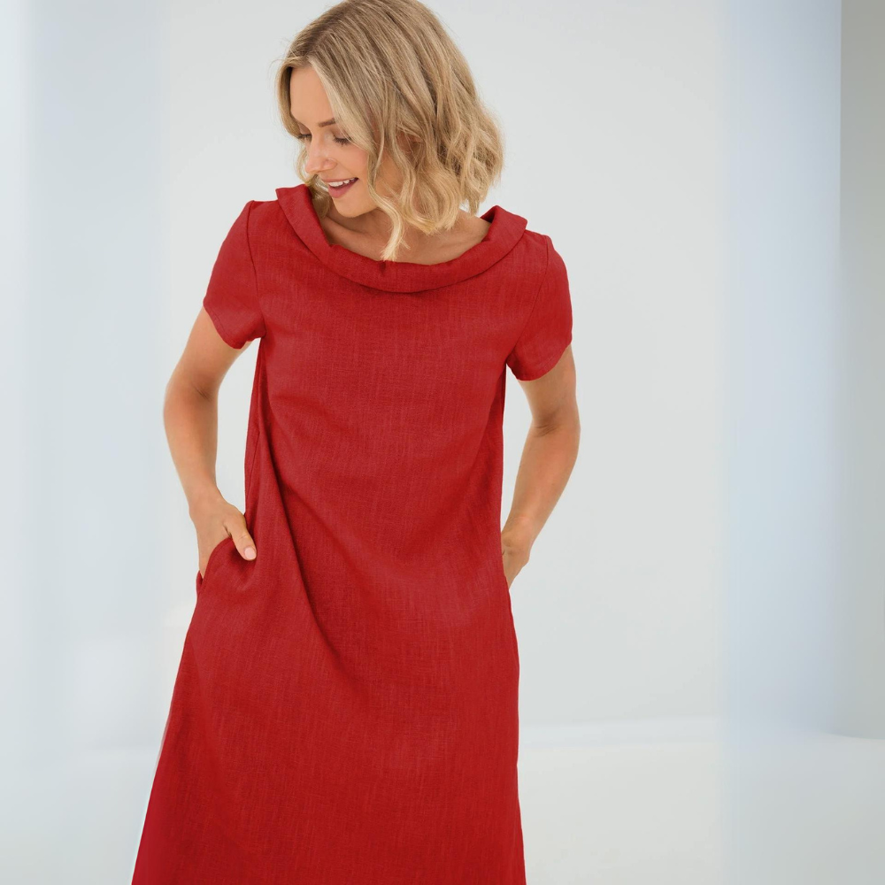 Avery women’s linen-style dress with side pockets, soft flowing fabric, relaxed and elegant style