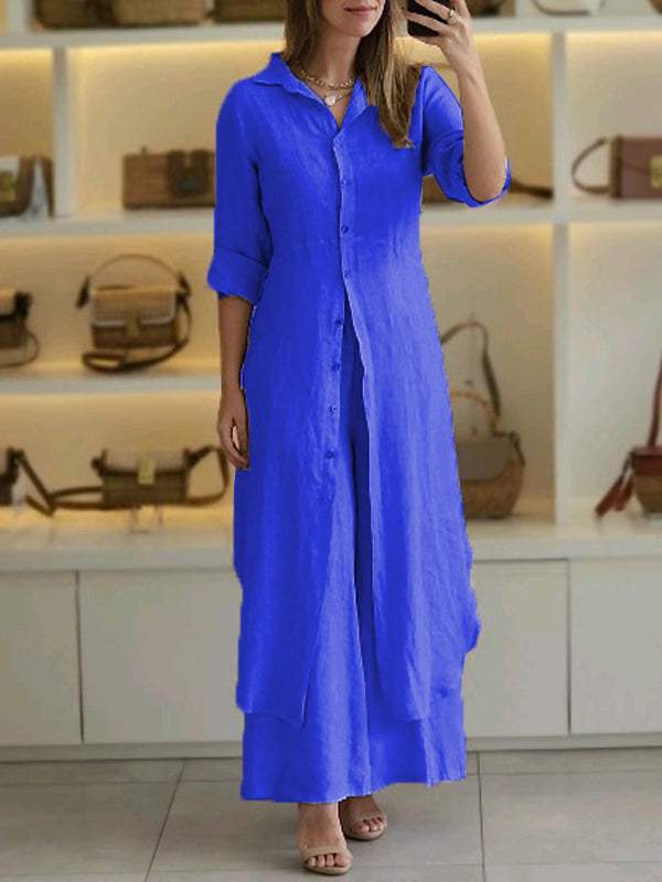Luna two-piece set featuring a long-sleeve button-up shirt and wide-leg pants in a relaxed fit.