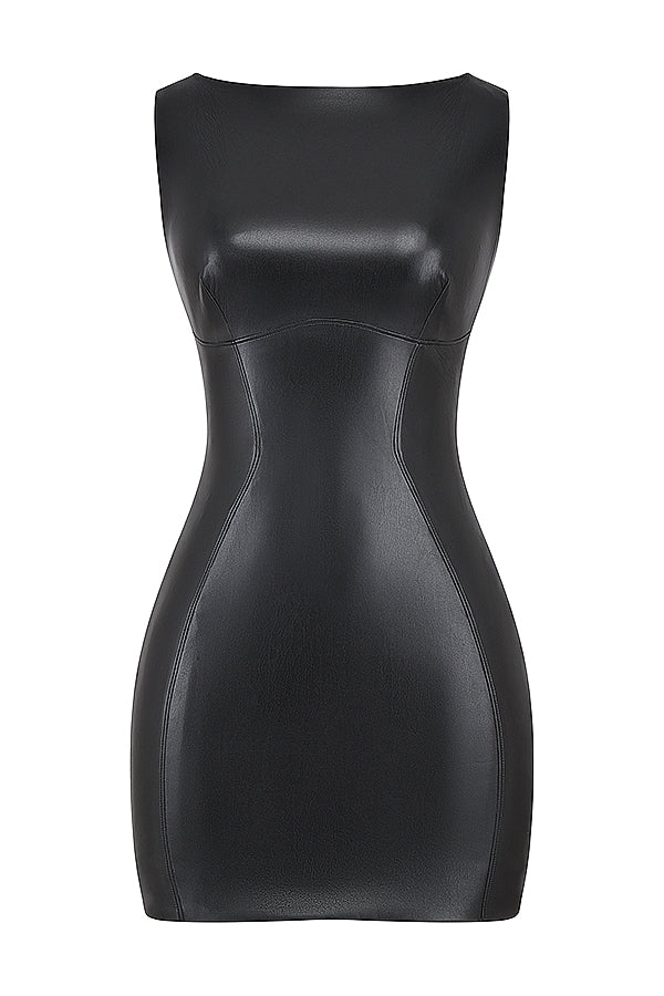 Nora women’s mini dress in faux leather, fitted silhouette, bold and modern design