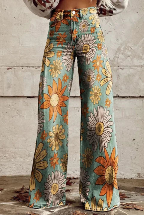 Maribel retro elephant print wide-leg trousers in boho vintage style
